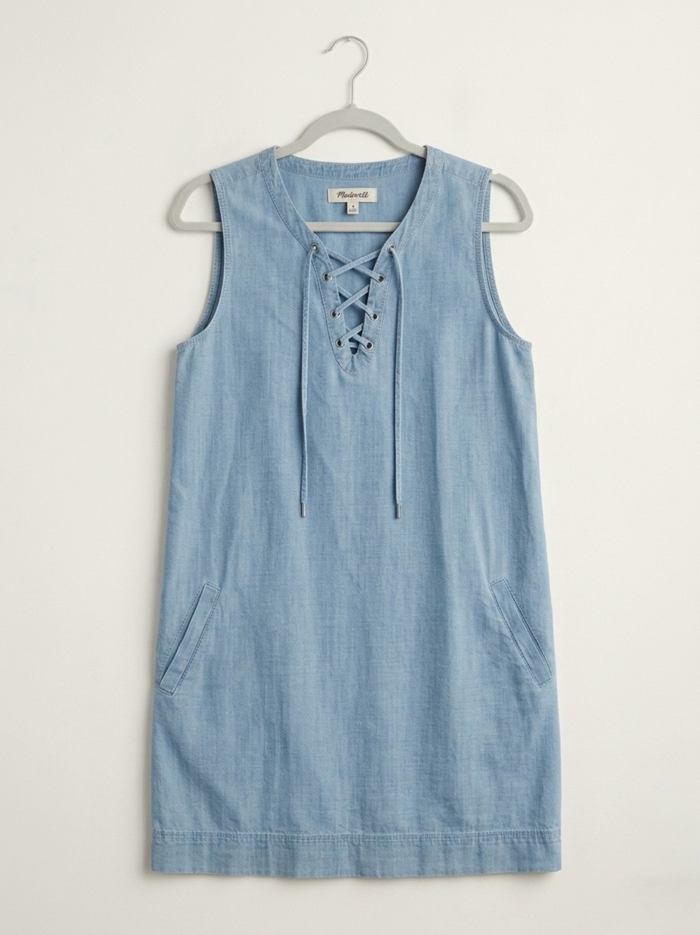 Madewell Chambray Lace-Up Shirt Dress Light Wash Denim w/ Pockets - Size Small